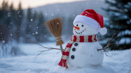 Fototapeta premium Joyful snowman wearing a santa hat and striped scarf standing in a snowy winter forest