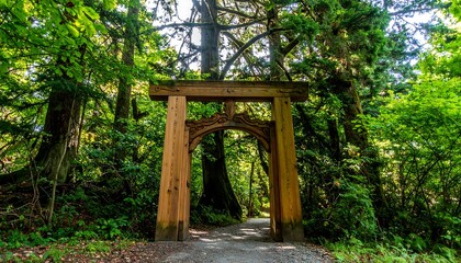 Wooden archway in forest