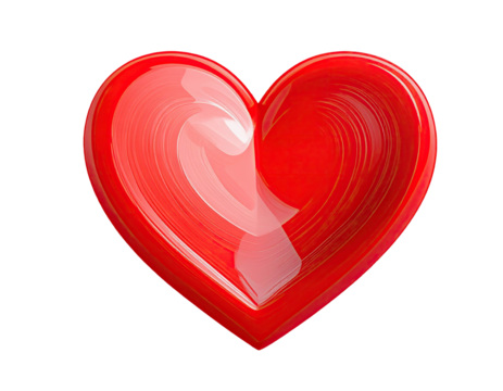 A glossy, vibrant red heart shape with swirling, inner reflections
