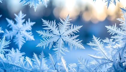 Stunning macro view of intricate ice crystals forming delicate snowflakes against a soft, blurred winter background, evoking pure cold beauty and the magic of frost.