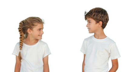 A Smiling Girl and Boy in White T-Shirts Look at Each Other