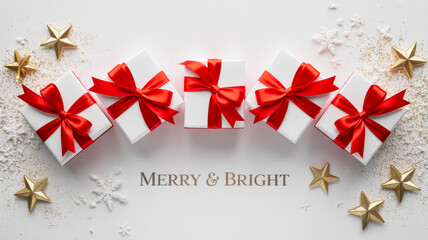 Festive christmas presents with red ribbons and gold stars on a white background