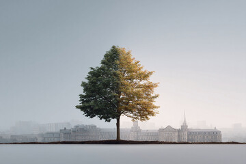 Solitary tree against a misty cityscape. Symbolizes resilience, growth, and nature amidst urban sprawl. Ideal for environmental themes and conceptual designs.