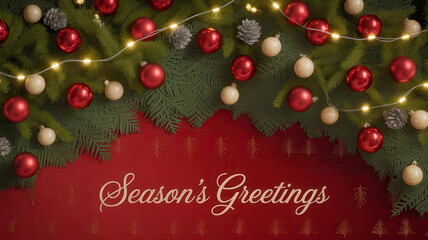 Festive christmas tree branches with ornaments and lights above season s greetings text