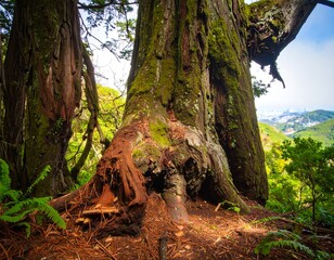 Ancient tree roots in a lush forest