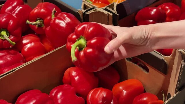 A hand selects a vibrant red bell pepper from a cardboard container filled with more peppers. The peppers are fresh and ready to be used in cooking.