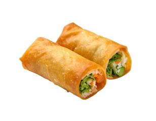 Two golden-brown spring rolls, sliced in half, showcasing fillings of vegetables and rice