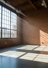 Sun-drenched loft interior featuring exposed brick walls and grid-patterned window light showcasing architectural design
