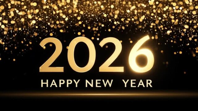 Happy New Year 2026 with gold glitter. Elegant Happy New Year 2026 design with gold glitter, sparkling lights, and festive typography on a black background. Festive greeting, party invitation