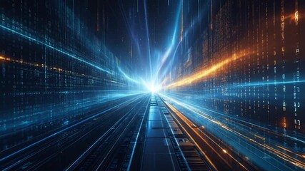 Immersive digital data stream, binary code and light trails converging into bright, abstract cyber - Powered by Adobe