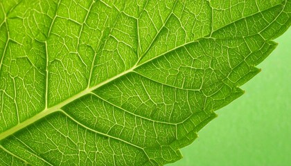 Obraz premium Vibrant green leaf macro shows intricate vein patterns, symbolizing growth, nature, and organic beauty for ecological themes