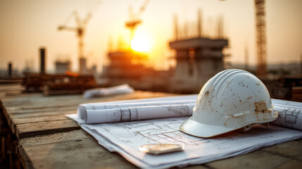 White safety helmet on construction blueprint at sunset
