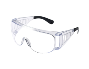 Clear safety glasses with a wide, protective lens and adjustable arms