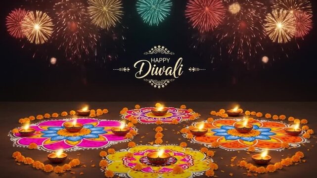 colorful diwali greeting with vibrant fireworks, rangoli patterns and diya lamps