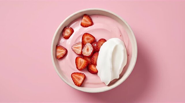 A bowl of creamy strawberry yogurt topped with fresh sliced strawberries and a dollop of cream, on a pink background, top view.