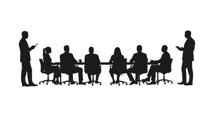 a group meeting in silhouette around conference table