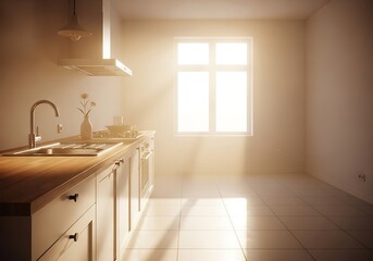 Serene minimalist kitchen flooded with sunlight creating calming atmosphere