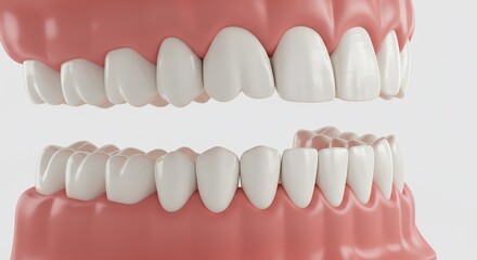 Fototapeta premium Close up view of a set of teeth with gums visible against a plain white background in studio shot