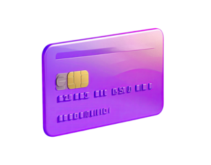 Purple credit card, 3D, glossy, angled view