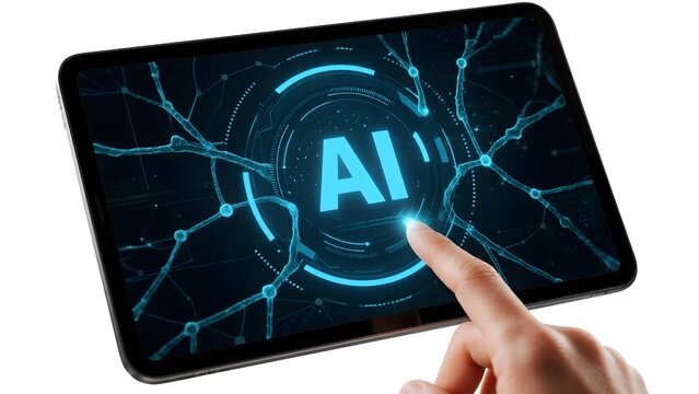 Hand interacting with a tablet displaying 'AI' and neural network graphics