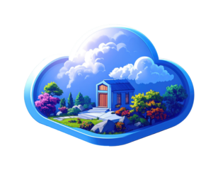 A stylized cloud emblem showcasing a quaint, pastel-hued house nestled in a garden, surrounded by trees and rocks, under a painted sky