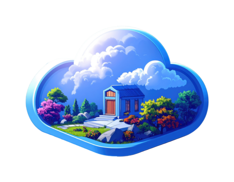 A stylized cloud emblem showcasing a quaint, pastel-hued house nestled in a garden, surrounded by trees and rocks, under a painted sky
