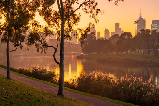 Golden hour light shining through fog over an inner city river and city skyline