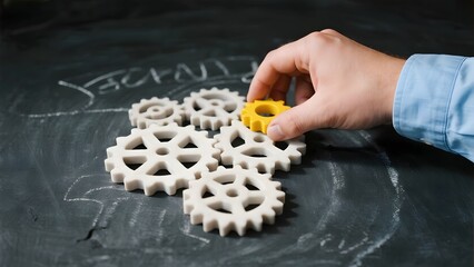 Hand placing a yellow gear among white gears on a chalkboard with the word 'TECHNOLOGY' written on it.