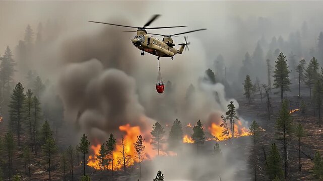 A military Chinook helicopter drops a large bucket of water to extinguish a dangerous wildfire raging through a dense pine forest.