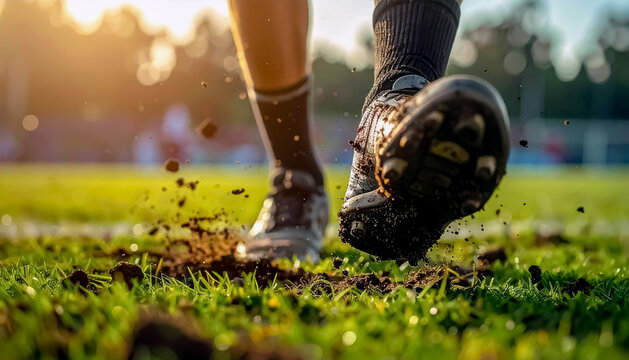 Cleats Kicking Dirt on American Football Field Close Up
