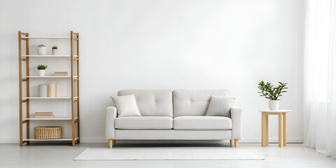 Minimalist light room with sofa table and modern shelf unit