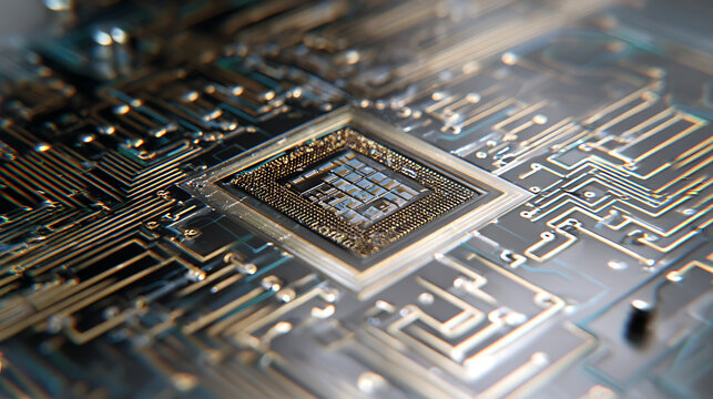 Macro shot of a credit card chip with a complex circuit pattern on a clean, reflective surface.
