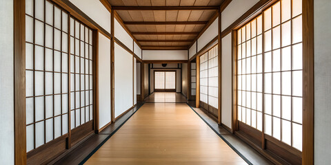 Obraz premium Japanese ryokan hallway with wooden floor and shoji screens