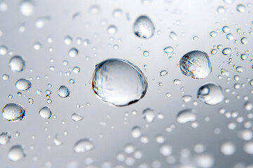 Detailed macro shot of clear water droplets on glass surface