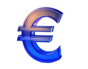 3D euro symbol, vibrant blue and iridescent, stylized, metallic