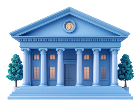 3D rendered light-blue classical government building with columns and trees