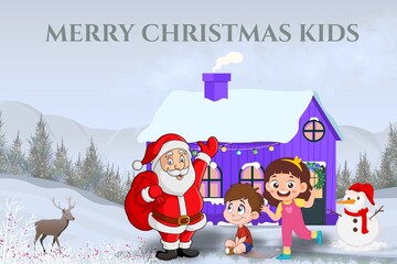 Merry Christmas Kids Illustration with Santa Claus, Snowman, and Winter Holiday Scene