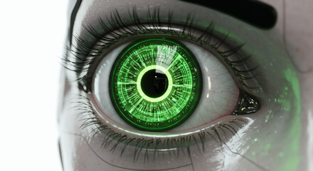 Close-up of a futuristic cyborg eye with a glowing green digital iris, symbolizing artificial intelligence and advanced technology