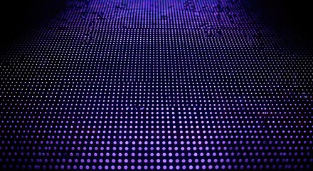 A grid of small round illuminated lights in shades of purple and white on a dark background