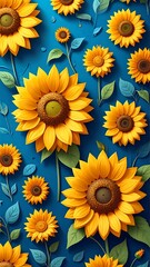 Fototapeta premium Sunflower pattern on blue backdrop