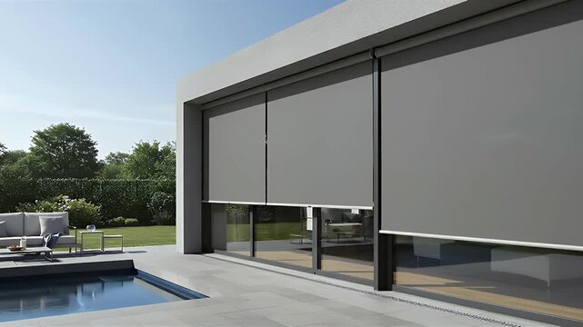 Modern house facade with large grey exterior roller blinds providing sun protection for the patio and swimming pool.