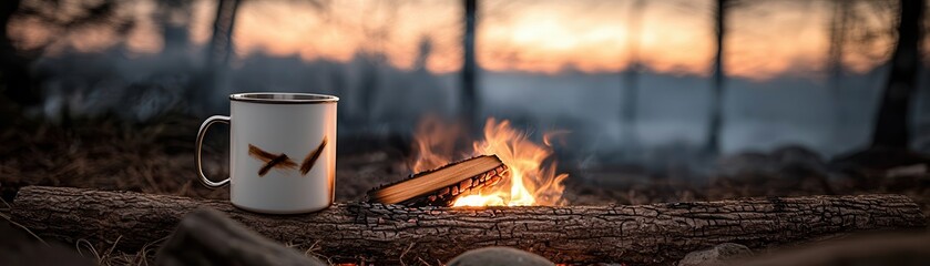 A cozy camping scene featuring a mug beside a crackling fire, with a serene sunset and nature in the background.