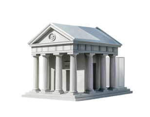 3D model of a light gray classical building with columns and a pediment
