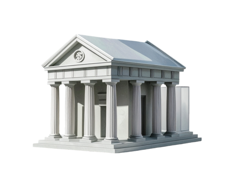 3D model of a light gray classical building with columns and a pediment