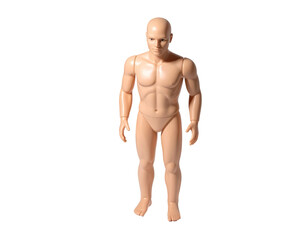 Full shot of a light beige, nude, male mannequin