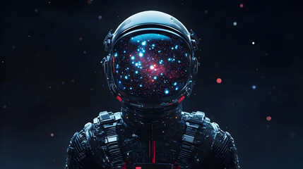 Futuristic space explorer in hyperrealistic sci fi setting with starry helmet