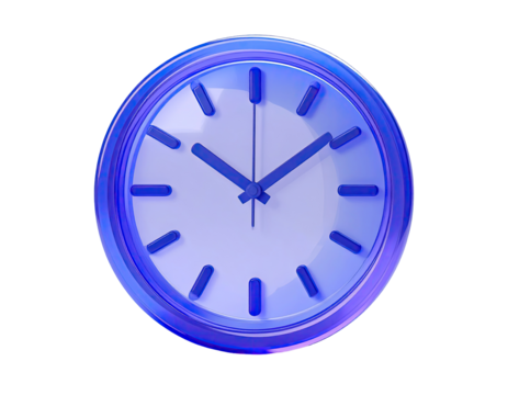 A vibrant, glossy, blue clock with white numbers and hands