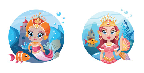 Naklejka premium Regal fish princess avatar with flowing fins cartoon vector art set design illustration