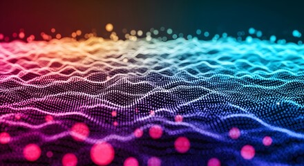 Abstract digital wave of glowing particles in a futuristic technological landscape. Vibrant multicolored data visualization concept for network and communication background design