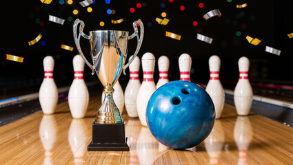 Bowling with Pins and Trophies under a Shower of Confetti – Celebration Vector Illustration for Sports and Tournament Design